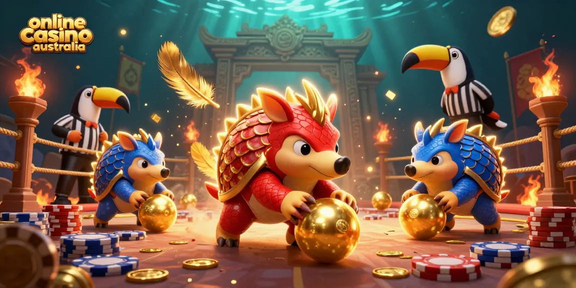 Engage in fun at online casino Australia with rival pangolins competing in a vibrant gaming arena.