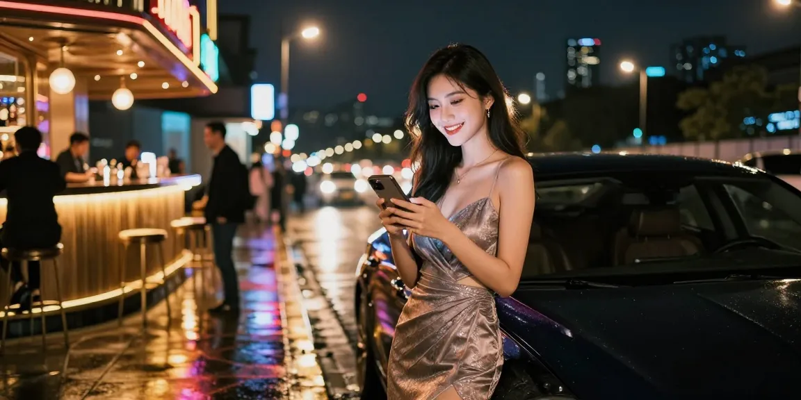Gái gọi đang tạo dáng bên xe sang trong ánh đèn neon của thành phố.