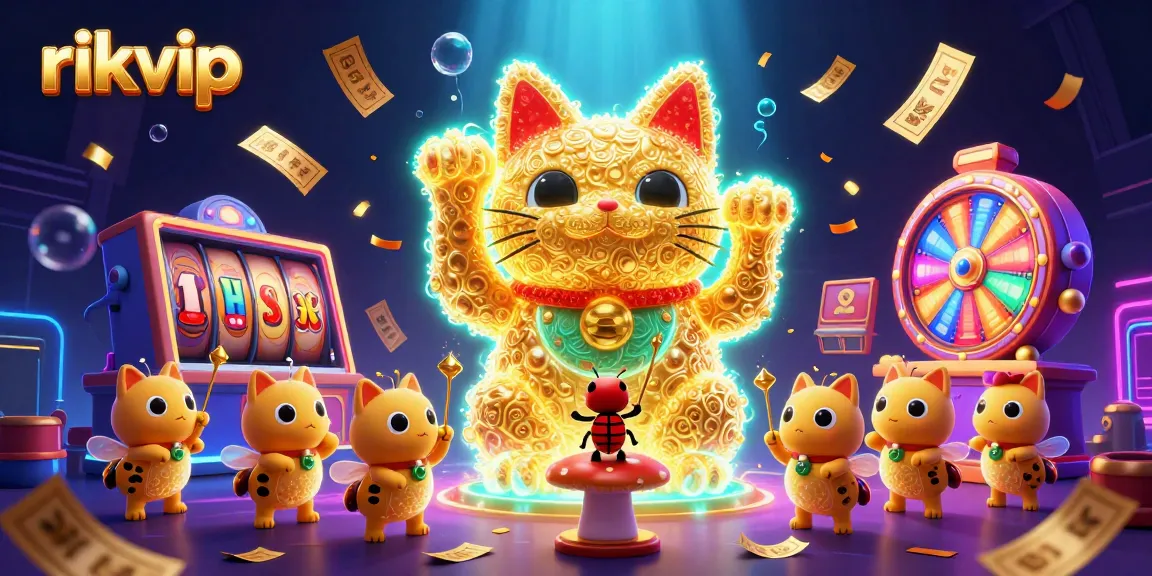 Experience the excitement of rikvip with a giant lucky cat and vibrant casino symbols in a lively 3D illustration.