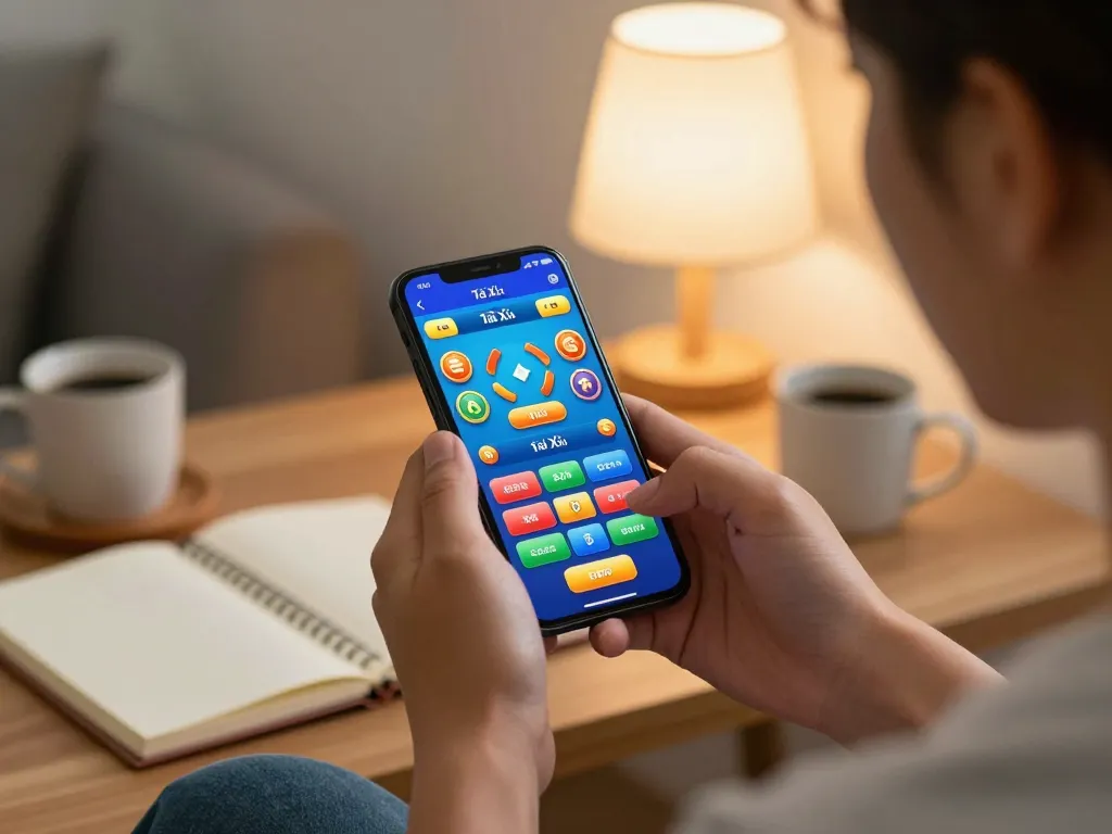 Engaging with app tài xỉu online uy tín during at-home gaming session in a cozy atmosphere.