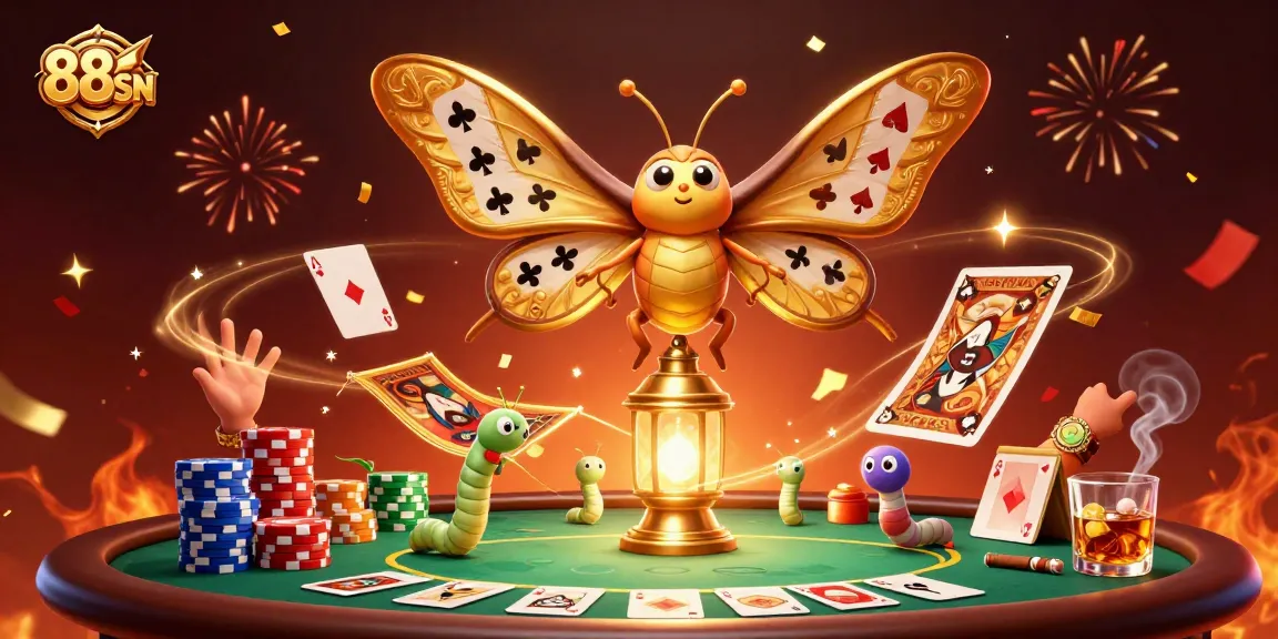 Engage with 88SN's vibrant casino scene featuring a majestic moth and poker elements.