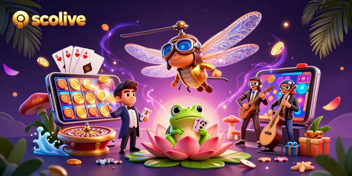 Socolive showcases a vibrant scene with a frog croupier and dragonfly pilot in a dynamic casino setting.