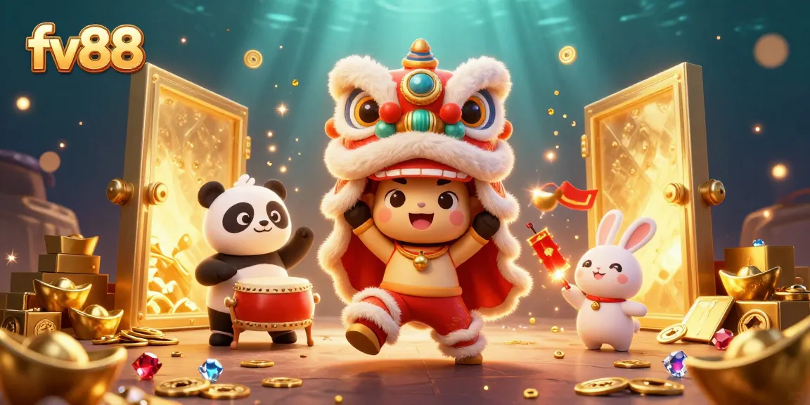 Join the excitement at fv88 with lively characters celebrating casino wins amidst dazzling treasures.
