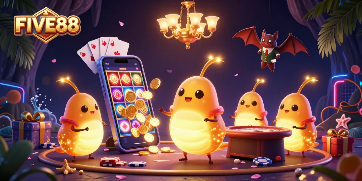 Experience the thrill of winning at FIVE88 with vibrant glowworms illuminating a cave casino.