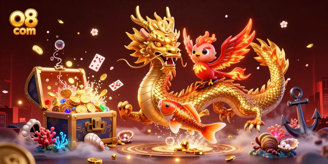 Experience thrilling wins at o8 com with our vibrant casino illustration featuring mythical creatures and game elements.