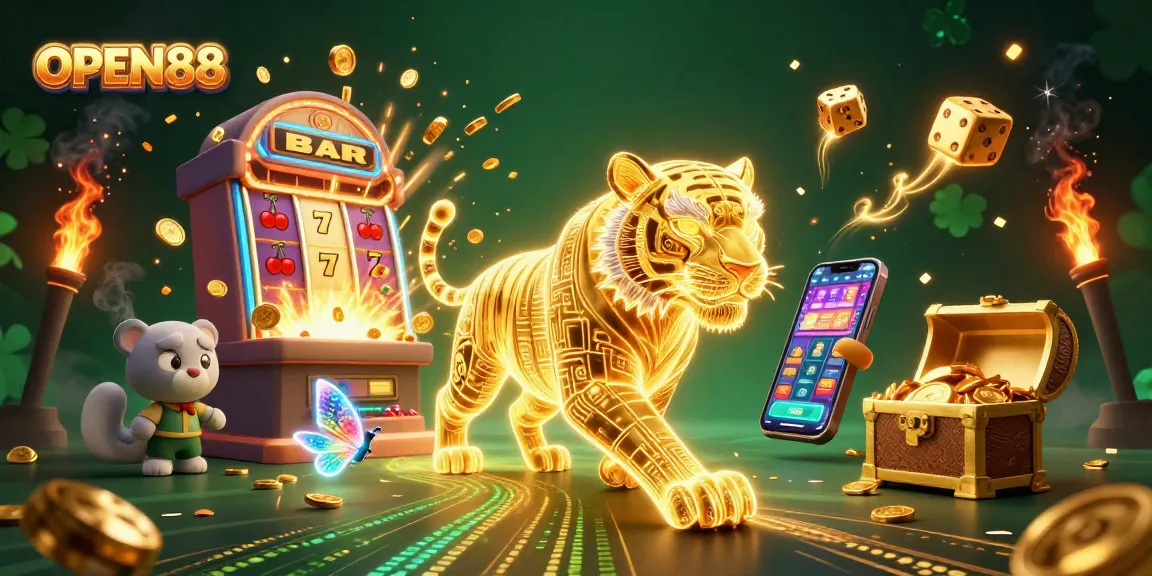 Experience thrilling wins at OPEN88 casino with colorful slot machines and a glowing golden tiger!