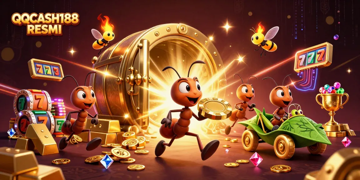 Experience the excitement of QQCASH188 RESMI Casino with 3D cartoon ants racing for a golden poker chip.