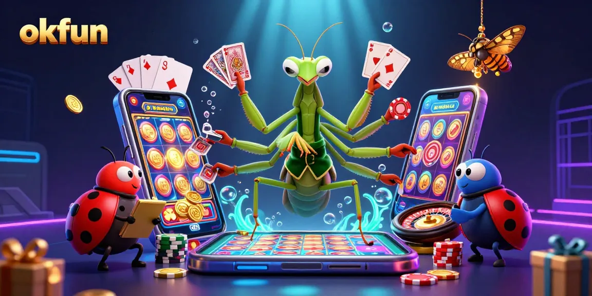 Engage in thrilling gameplay at OKFUN's casino with vibrant slot game action and dynamic characters.