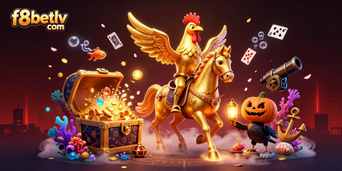 Experience the thrill at f8betlv com through vibrant golden rooster and treasure-filled casino atmosphere.