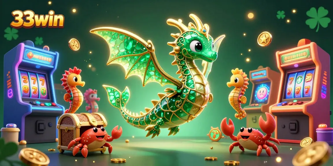 Experience the excitement of 33win with a vibrant 3D illustration featuring magical sea dragons and slot symbols!