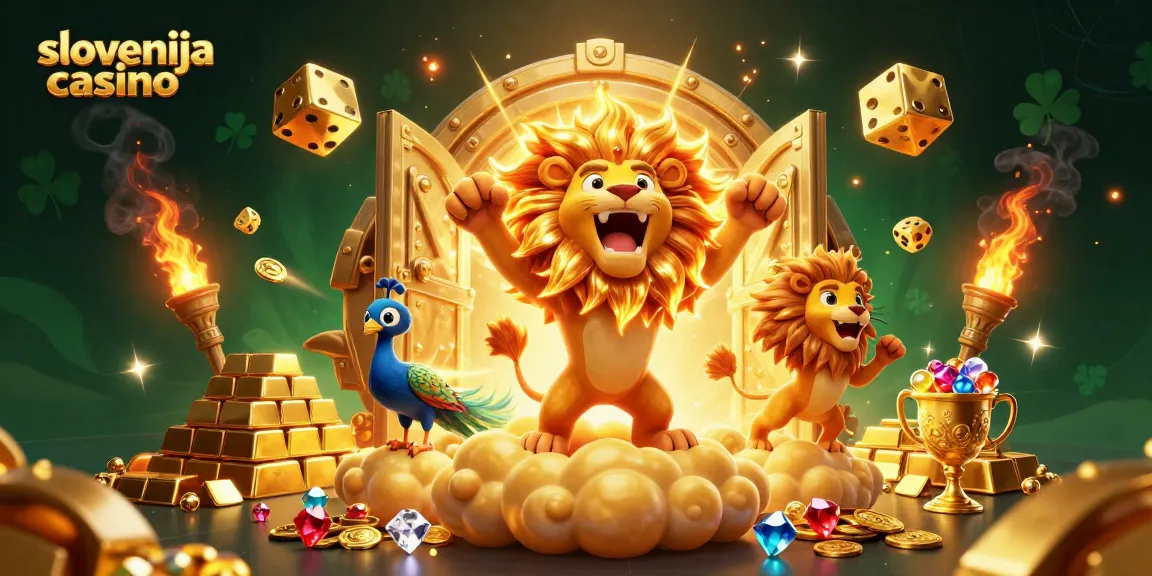 Slovenski casino ponuja zabavo z 3D ilustracijo sončnega leva med igrami na srečo.