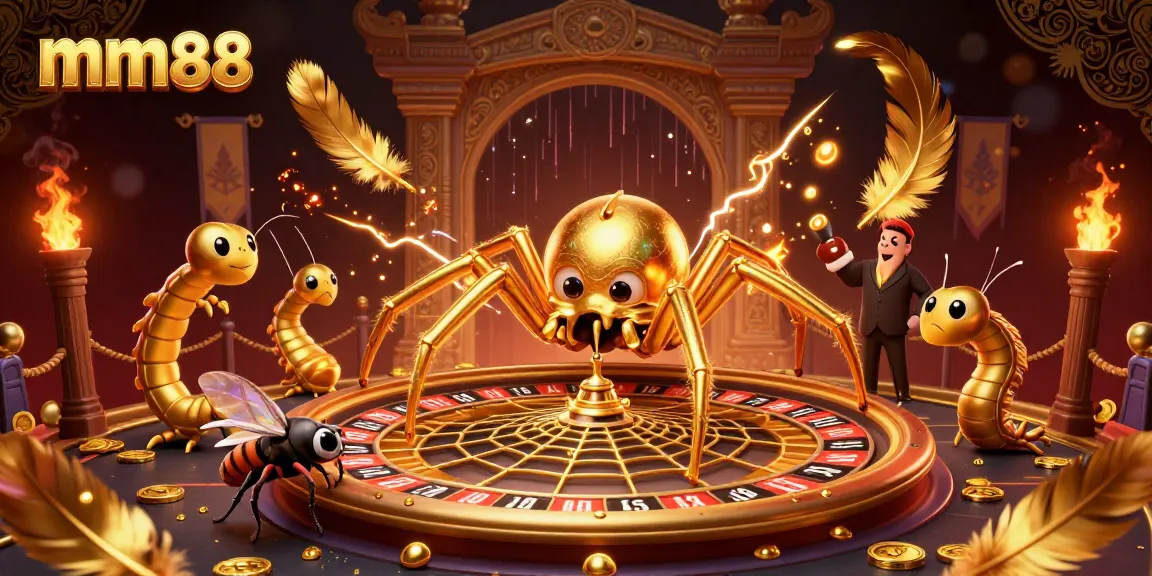 Betting on mm88 showcases a vibrant casino scene with a spider as the croupier spinning a roulette wheel.
