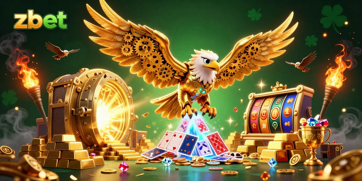 Zbet offers thrilling casino action with a golden eagle diving through holographic cards amid treasures.