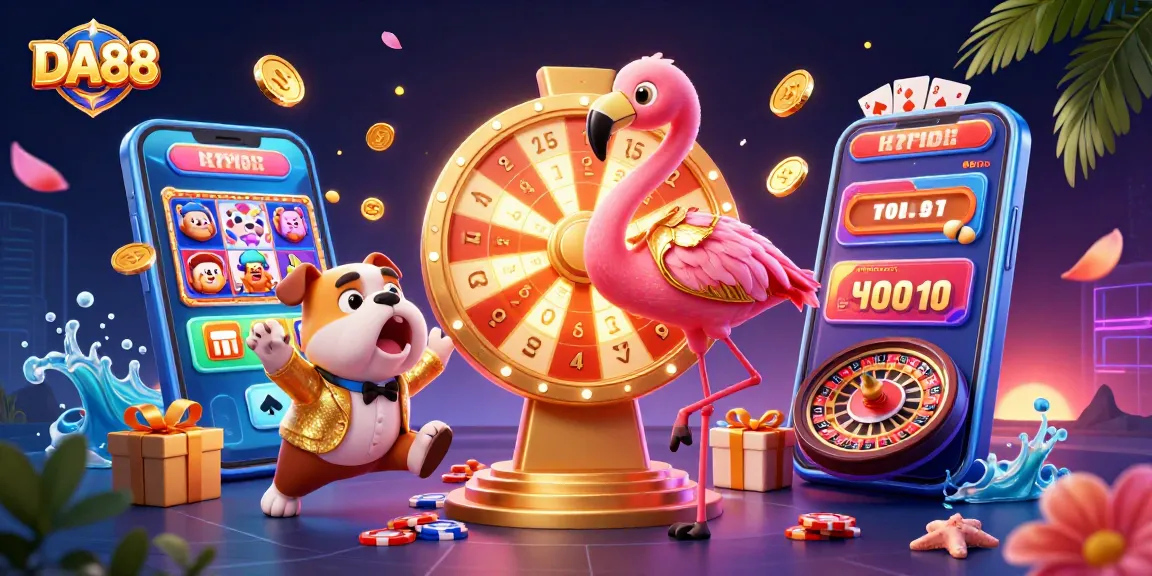DA88 showcases thrilling gaming action with an exciting flamingo host and vibrant casino elements.