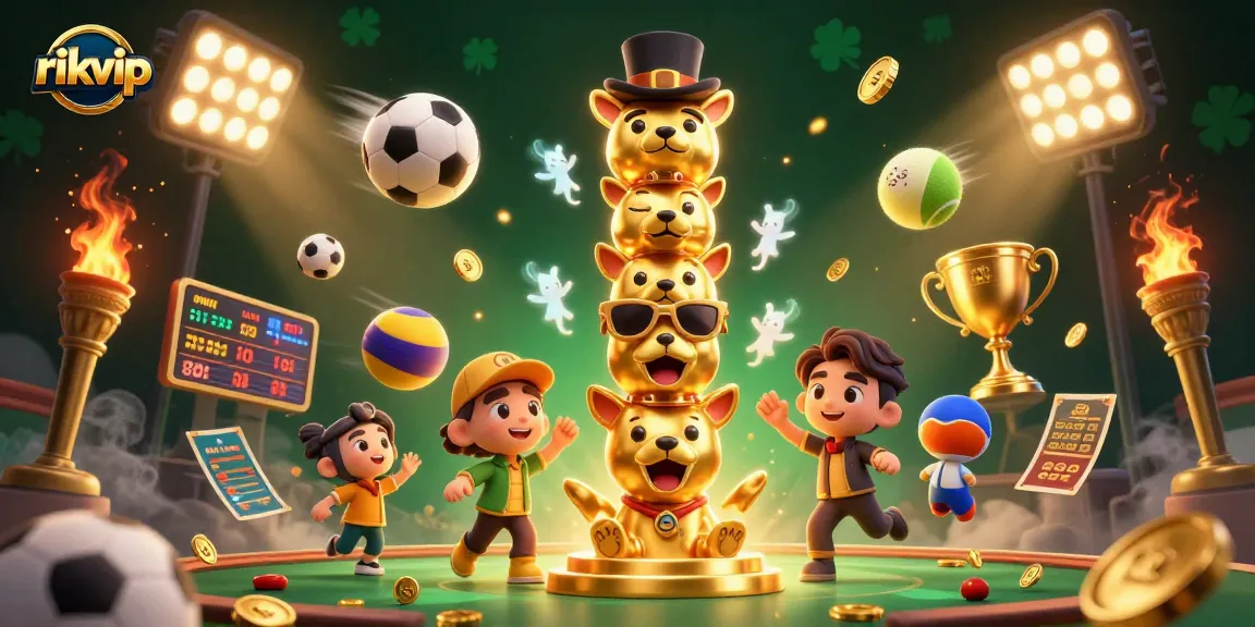Experience exciting gameplay at rikvip with a vibrant illustration of casino elements and animated characters.