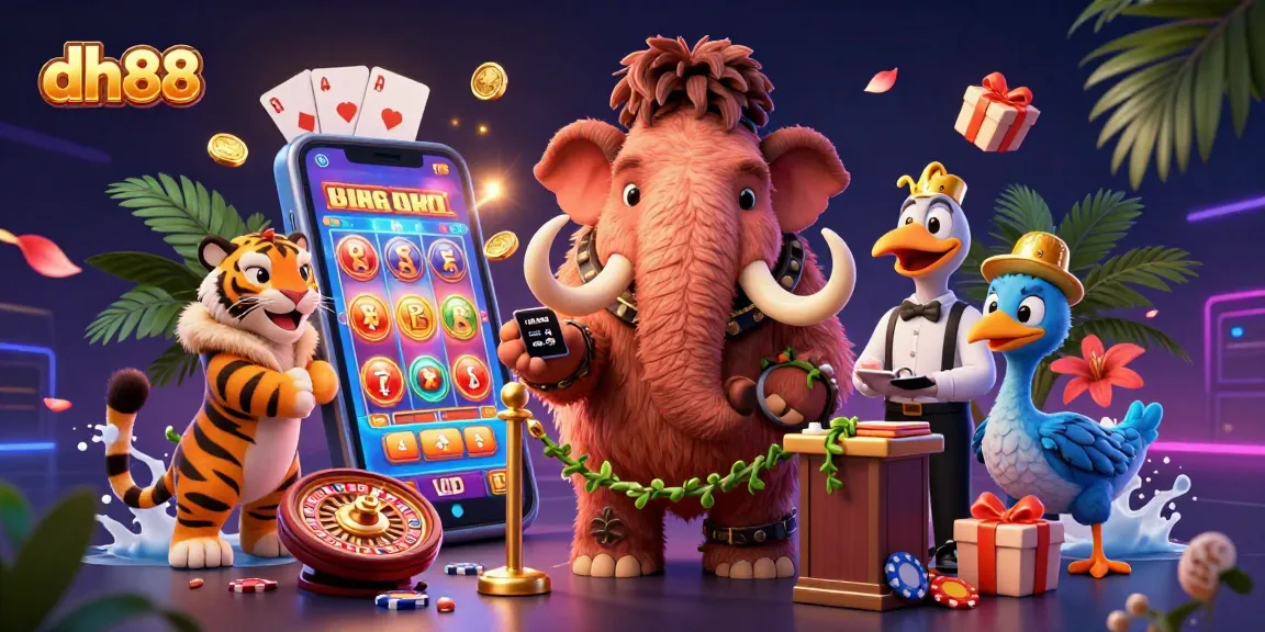 Experience the vibrant dh88 casino scene with a woolly mammoth bouncer and saber-tooth tiger VIP amidst dynamic slot games.