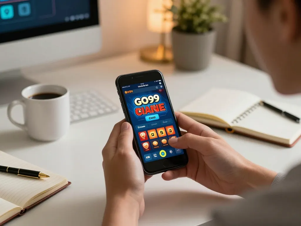 Engaging with the GO99 com casino app on smartphone in a cozy home gaming setup.