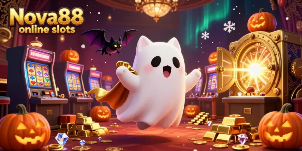 Engage in thrilling Nova88 online slots surrounded by gold treasures, playful characters, and vibrant casino ambiance.