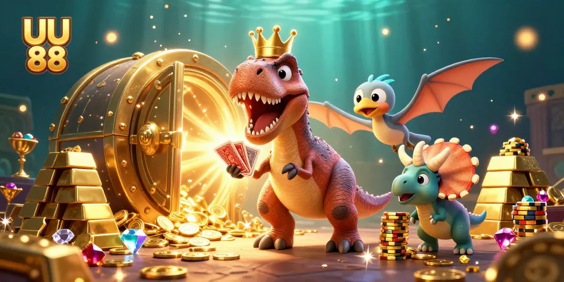 UU 88 showcases a T-Rex shuffling cards while winning big with friends in a vibrant casino scene.