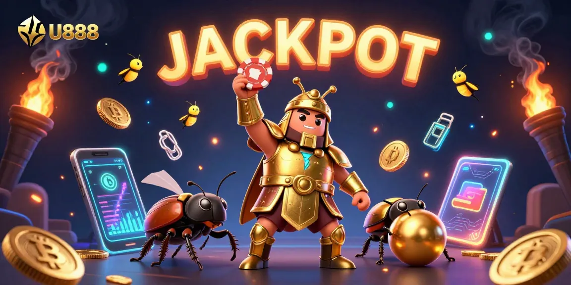 Win at U888 with a cartoon gladiator beetle celebrating jackpot success amidst vibrant casino elements.