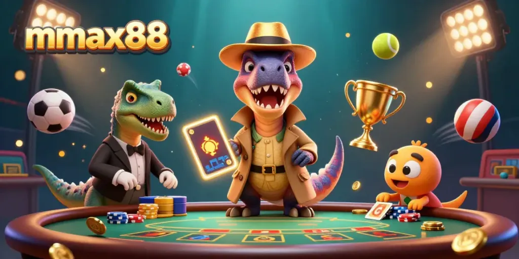 Bet on mmax88 with a stealthy velociraptor at a blackjack table amidst flying sports elements.