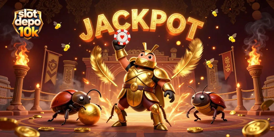 Experience the excitement of slot depo 10k with a winning beetle champion lifting a poker chip!