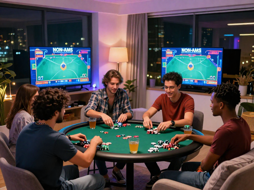 Giocatori che si divertono ai giochi non AAMS in un'accogliente sala, atmosfere di festa e giochi online.