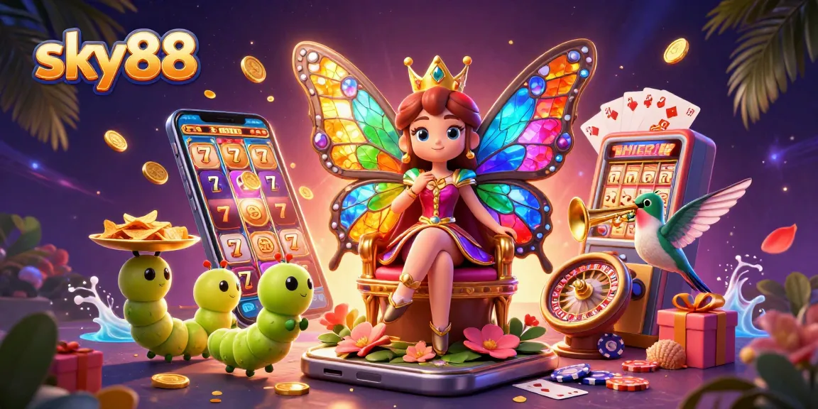 Spin to win at sky88 with vibrant casino elements and magical characters in a colorful scene.