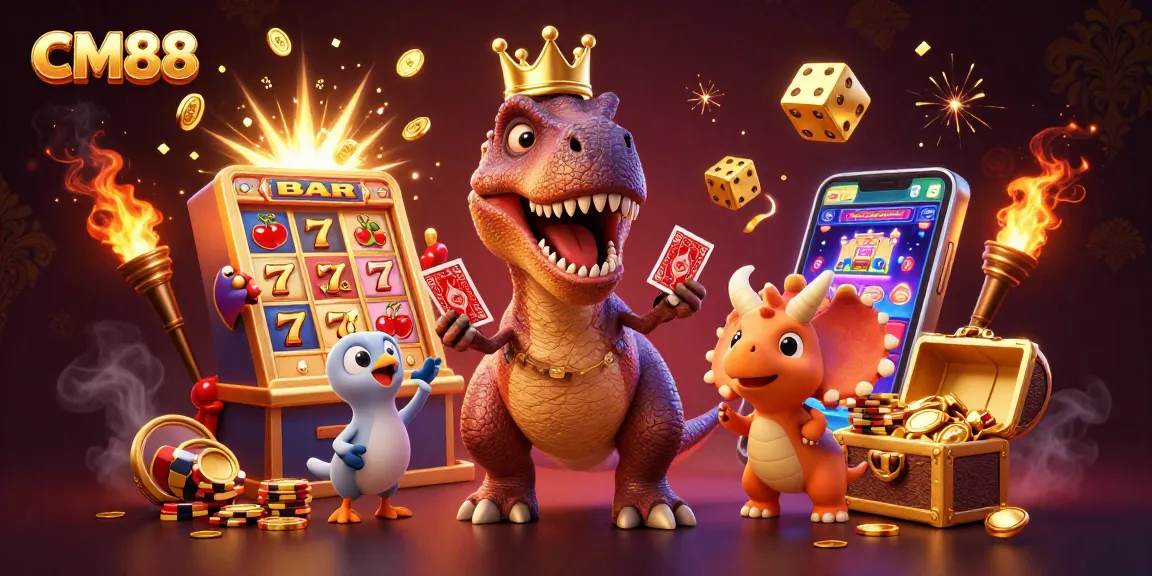 Exciting CM88 scene with a T-Rex shuffling cards, and triceratops stacking chips amidst vibrant casino elements.