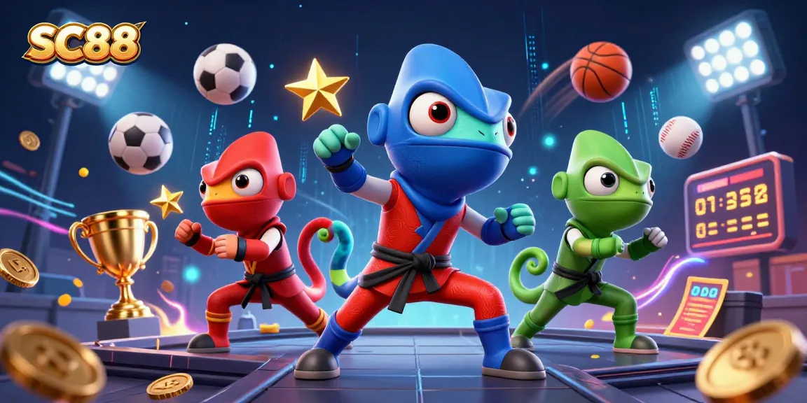 SC88 showcases a dynamic scene with ninja chameleons and sports elements, capturing the thrill of gaming.