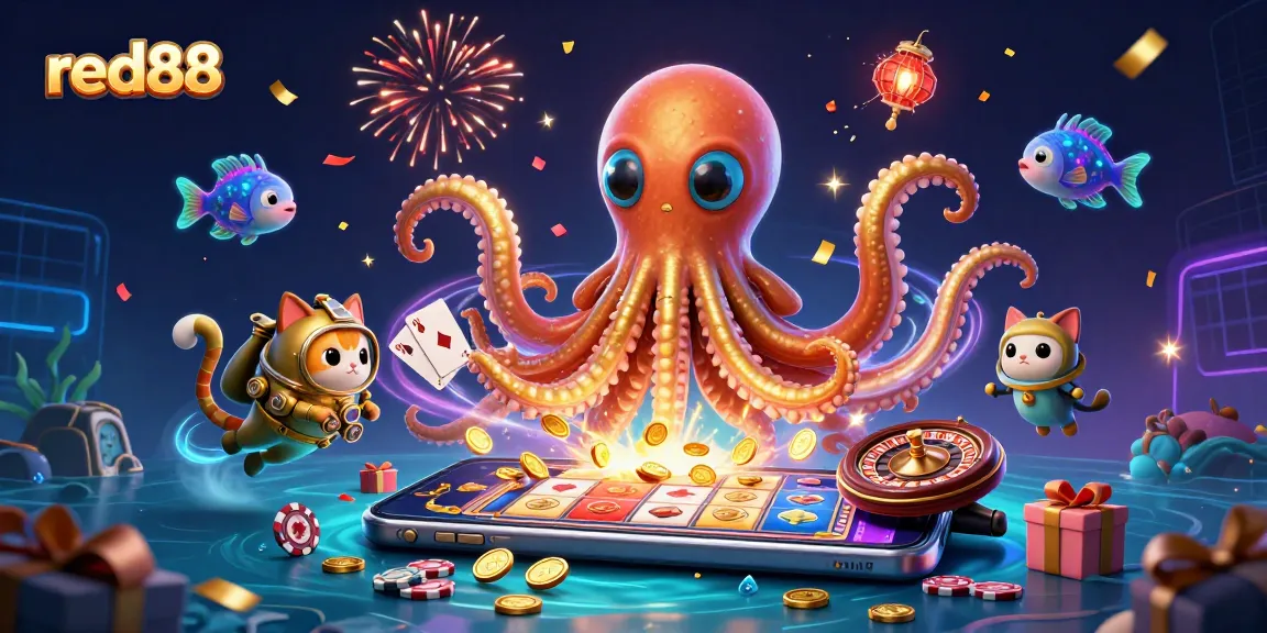 Engage with thrilling red88 gaming atmosphere in this vibrant 3D illustration featuring a kraken and diving cat.