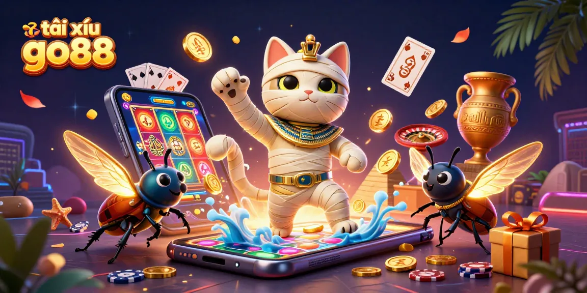 Tài xỉu go88 featuring a lively scene with a cartoon mummy and a scarab betting in a colorful casino
