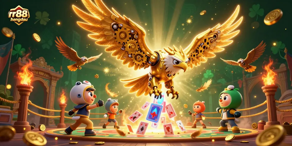 Experience the thrill of rr88hangdau with a golden eagle amidst cascading holographic cards and casino elements.