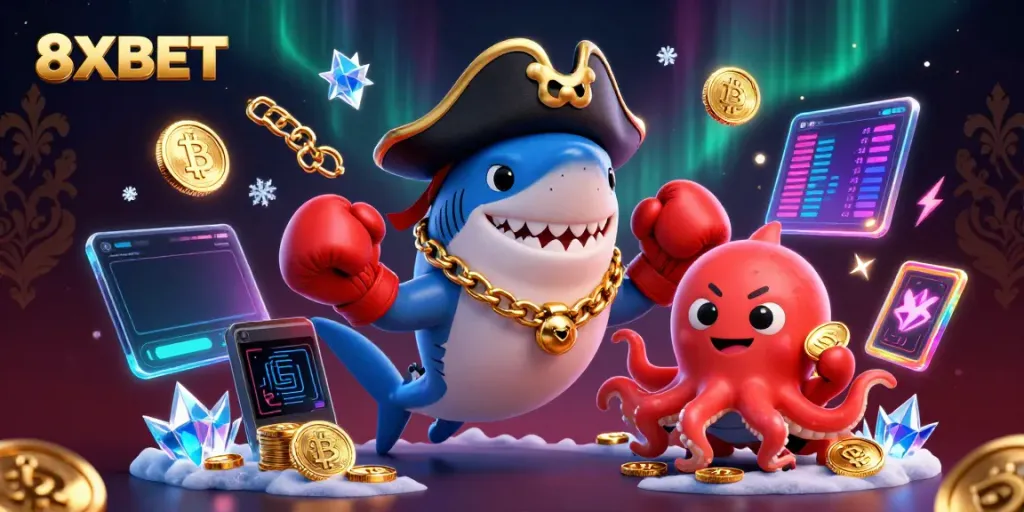 Join the 8XBET adventure with a pirate shark, a pufferfish, and an octopus in a lively gaming scene.
