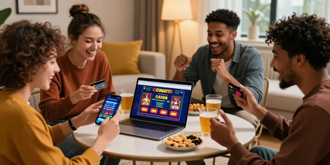 scoarch.org.uk lists the best credit card casinos in a lively group setting, showcasing friends excitedly exploring online casino options.
