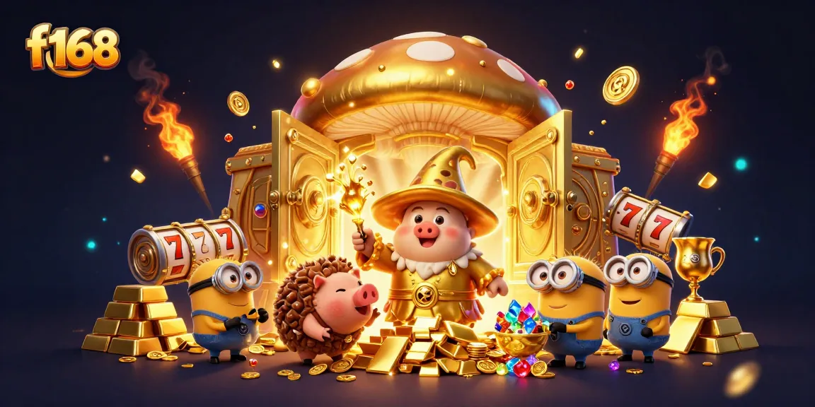 Join the excitement of f168 with golden treasures and vibrant casino elements in a magical scene.