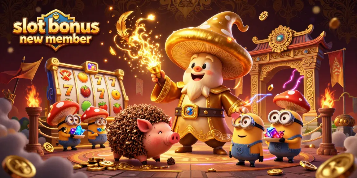 A vibrant 3D illustration showcasing the slot bonus new member theme with a magical mushroom wizard, treasures, and dynamic slot game elements.