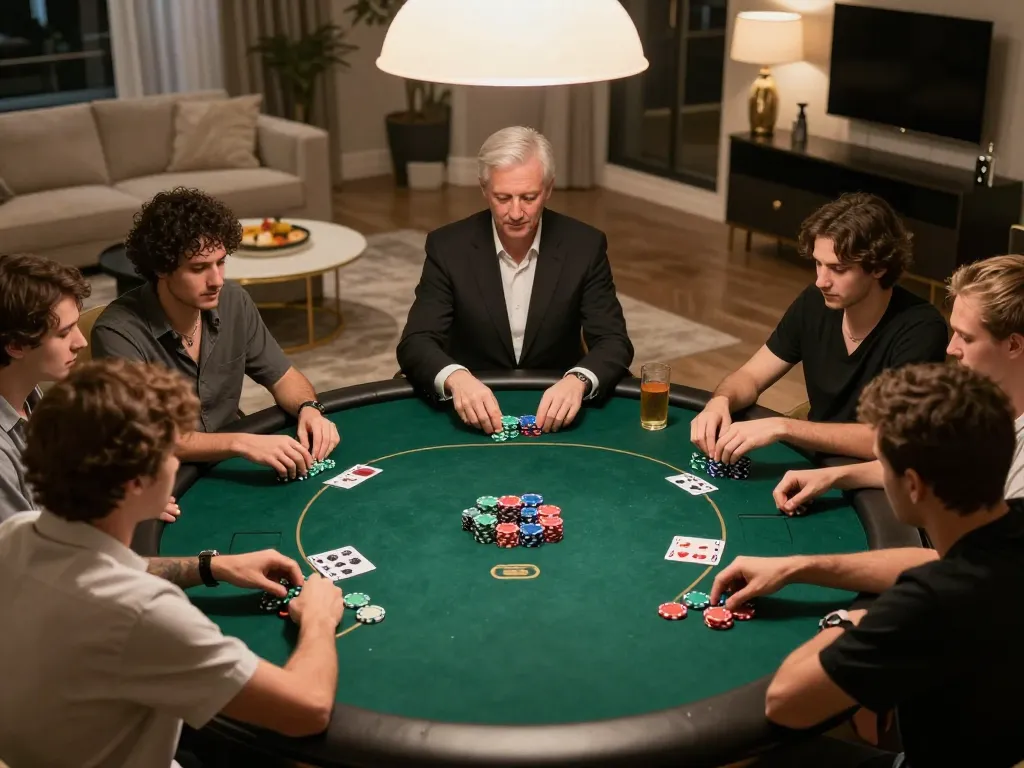GG88 players engaged in a high-stakes poker game at an elegant home setting, showcasing strategy and atmosphere.