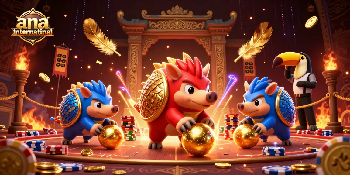 Play thrilling slots at ana-international with exciting pangolin characters bowling through poker chips.