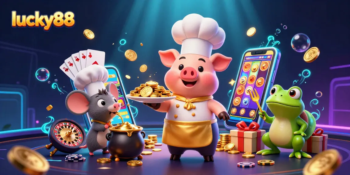Engage with lucky88's exciting gameplay featuring a chef pig, mouse, and frog amid gold coins and casino games.