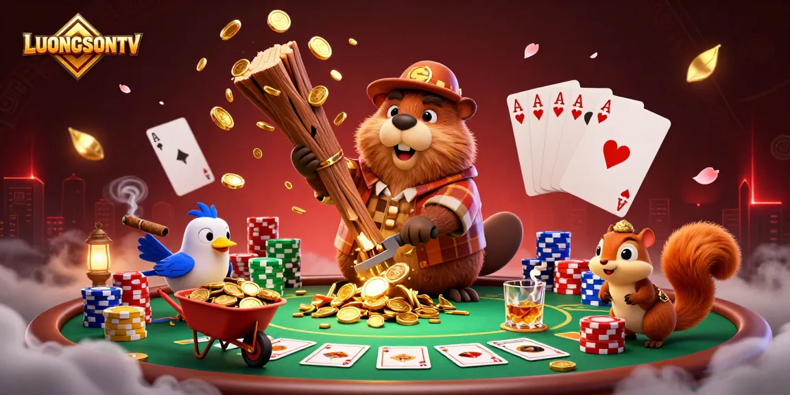 LUONGSONTV showcases a dynamic scene with playful characters collecting golden coins amidst rich casino elements.
