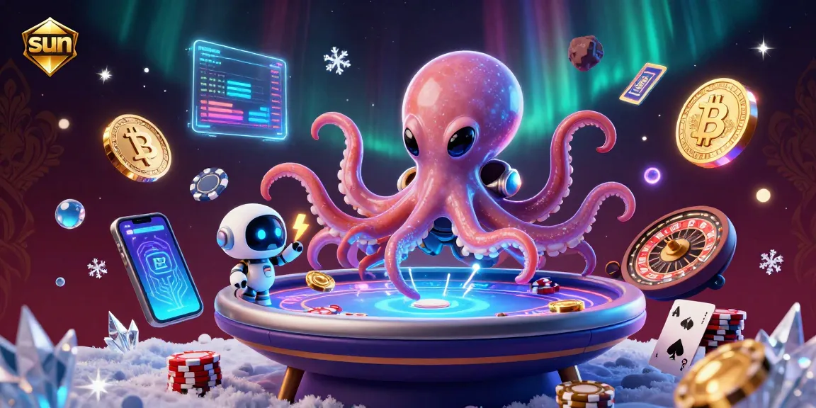 Sun-themed 3D casino illustration featuring an octopus playing poker amidst vibrant crypto elements and cosmic designs.
