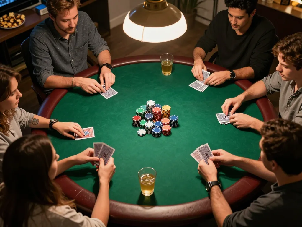 Friends enjoying a competitive poker night at home, showcasing LC88 gaming strategies and atmosphere.