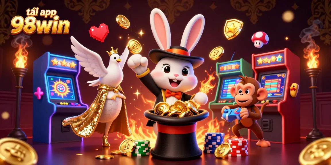 Experience the thrill of tải app 98win with a magical 3D casino scene featuring fun characters and vibrant game elements.