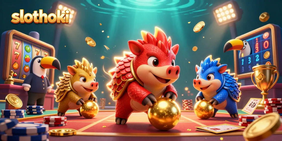 Slothoki bermain slot menghadirkan pangolin lucu bersaing di tumpukan chip poker dengan hiasan bercahaya.