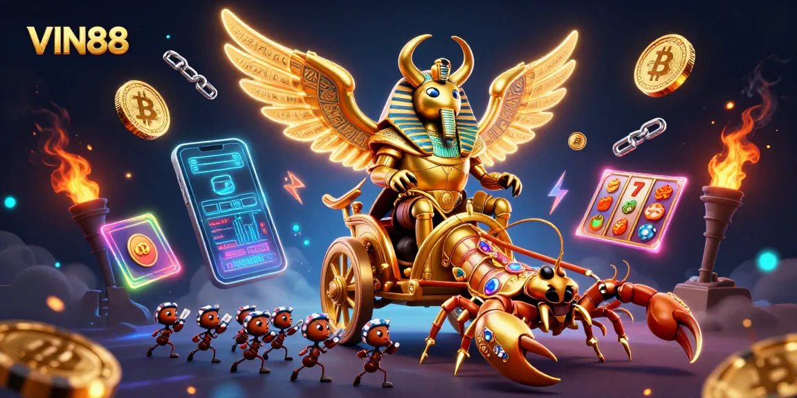 VIN88 showcases a vibrant casino scene with a golden scarab beetle amidst crypto elements and slot features.