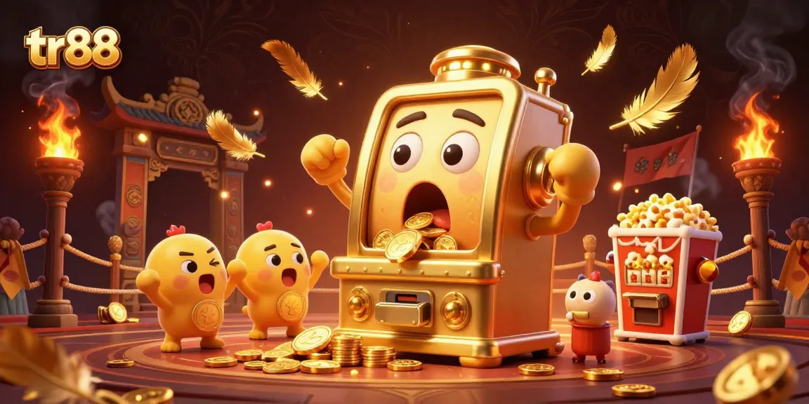 tr88 slot machine winning jackpot, watching coins spill out excitedly in a vibrant casino scene