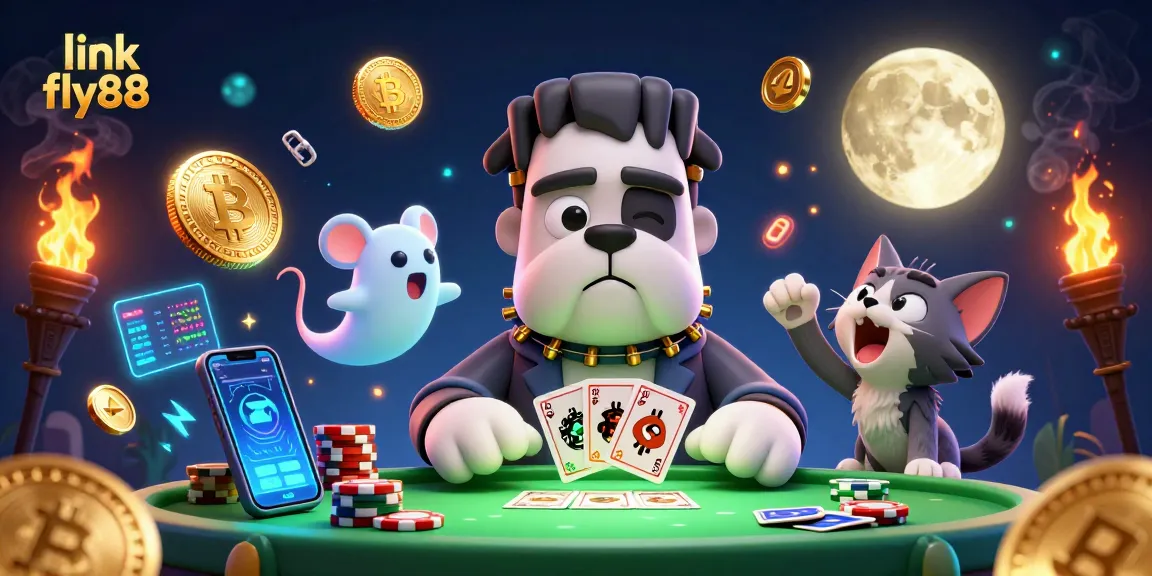 Engage with the link fly88 at an exciting casino scene filled with vibrant characters and crypto elements.