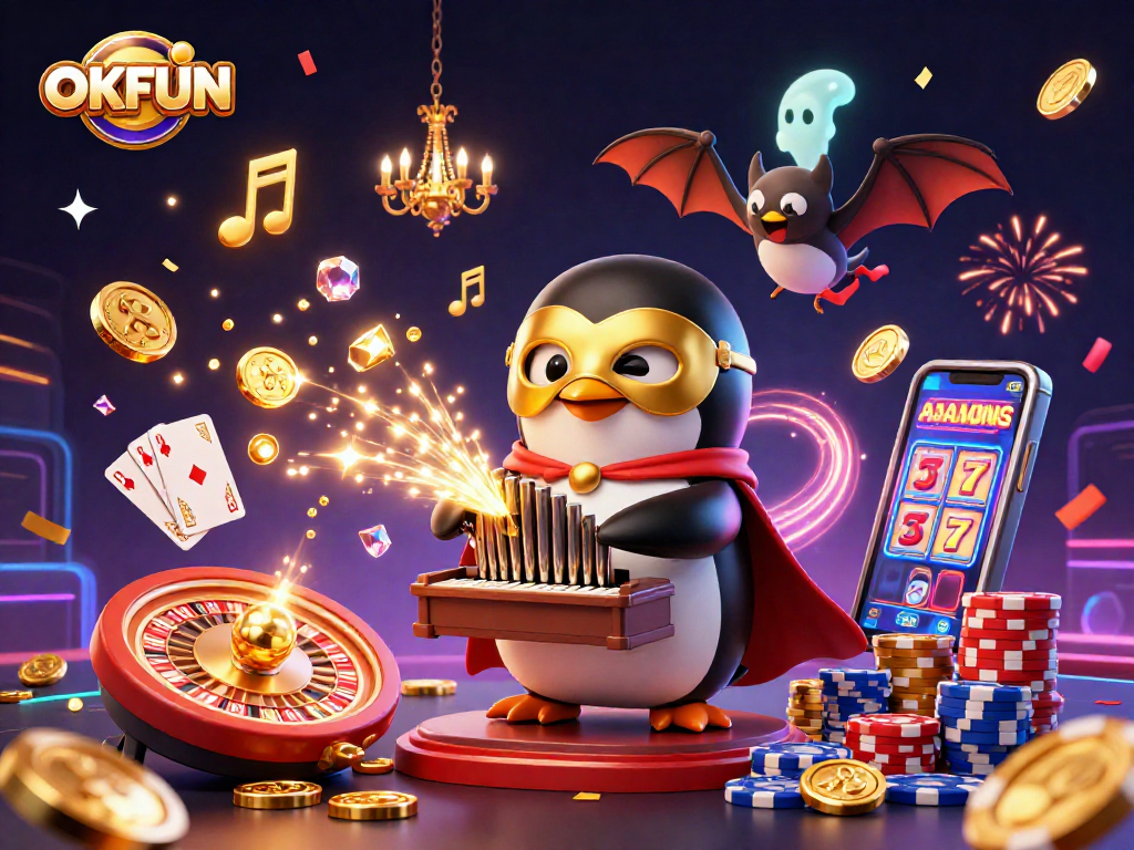 Experience excitement at OKFUN with a lively scene featuring golden coins, a penguin playing organ, and dazzling games.