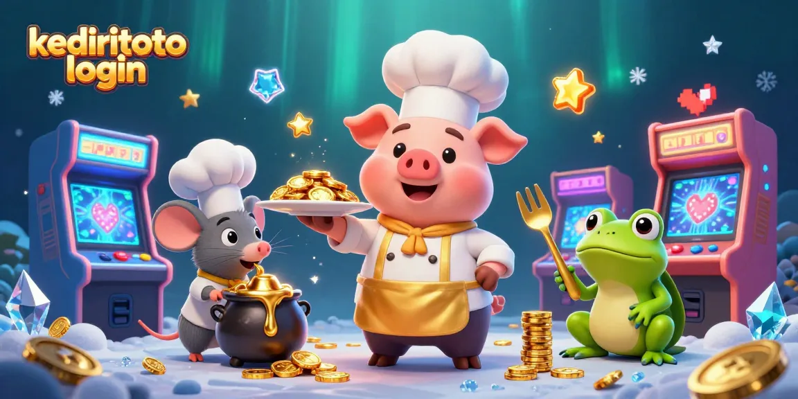 Permainan seru di kediritoto login dengan chef babi yang melayani koin emas dan suasana kasino yang meriah.